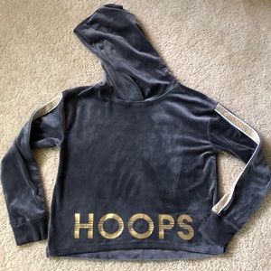 Justice cropped hoops hooded sweatshirt - gray velour w/ gold letters, very soft